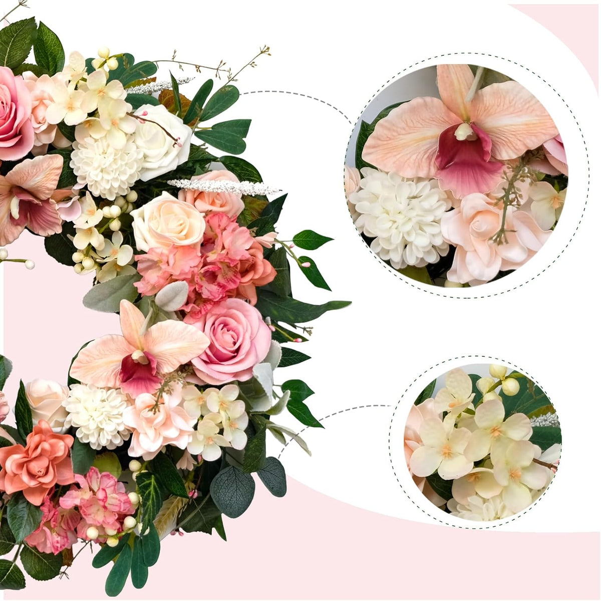 24 Inch Spring Everyday Pink Flower Wreath for Front Door, Soft Touch Pink Roses Peony Orchid Wreath for Indoor Outdoor, Valentine's Wedding Flower Wreath for Home Decoration