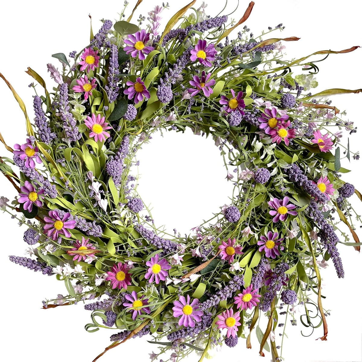 24 Inch Spring and Everyday Greenery Wild Flower Wreath for Front Door, Mixed Green Leaves and Flower Wreath for Indoor and Outdoor Use, Everyday Home Decor