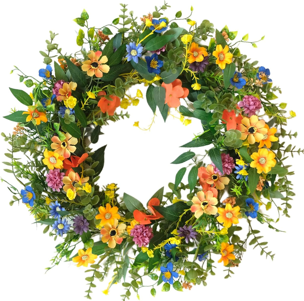 20 Inch Spring Summer Colorful Floral Wreath for Front Door, All Seasons Wildflower Wreath with Olive & Boxwood Leaves, Everyday Floral Door Wreath for Indoor Outdoor Use