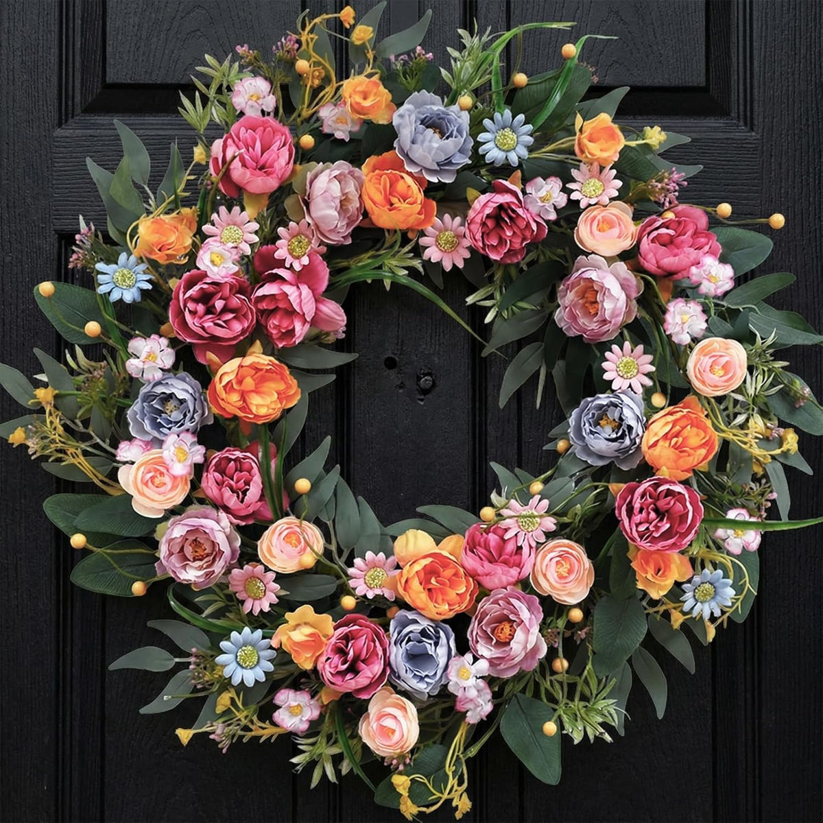 24 Inch Spring Summer Penoy Wreath for Front Door, Colorful Wildflowers Floral Eucalyptus Wreath for Indoor Outdoor, All Seasons Everyday Wreaths for Front Door Outside
