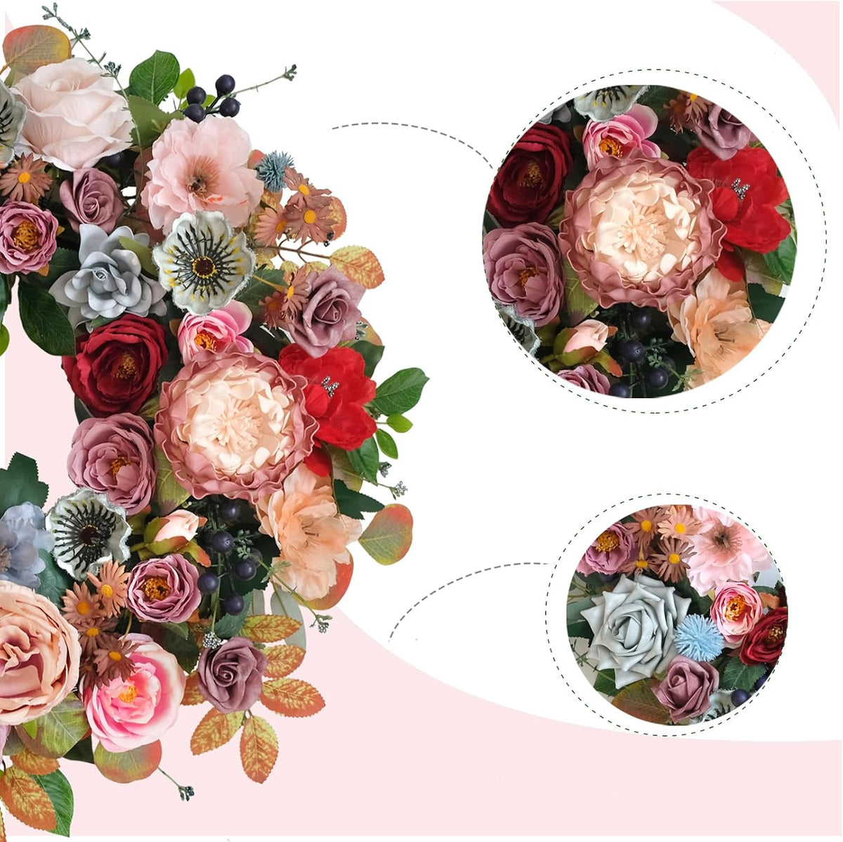 22 Inches Spring Summer Everyday Flower Wreath for Front Door, Artificial Roses Peony Wild Flowers Wreath for Indoor Outdoor, Green Leaves Floral for Home Decor