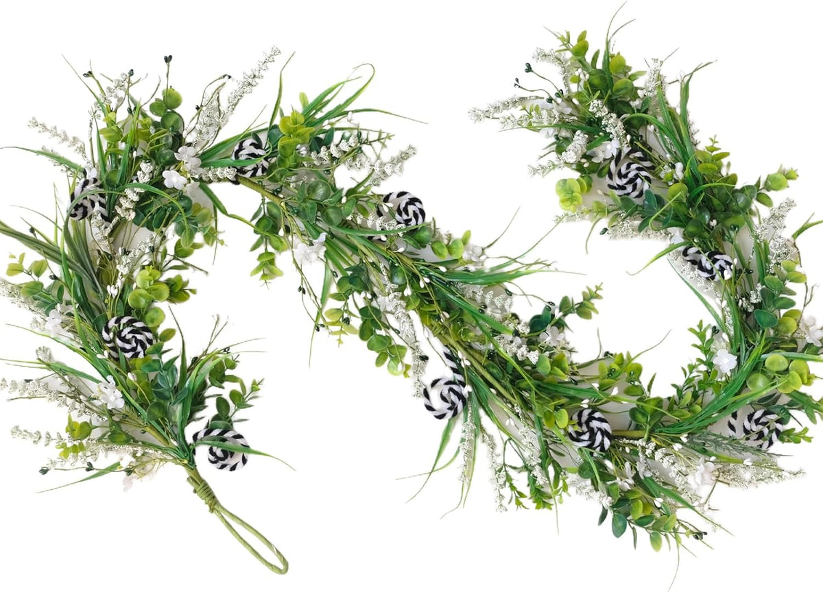 6 Ft Spring Green Boxwood Garland for Mantle, Greenery Spring Summer Garland with White Flowers for Fireplace, Rustic Farmhouse Indoor Outdoor Decor