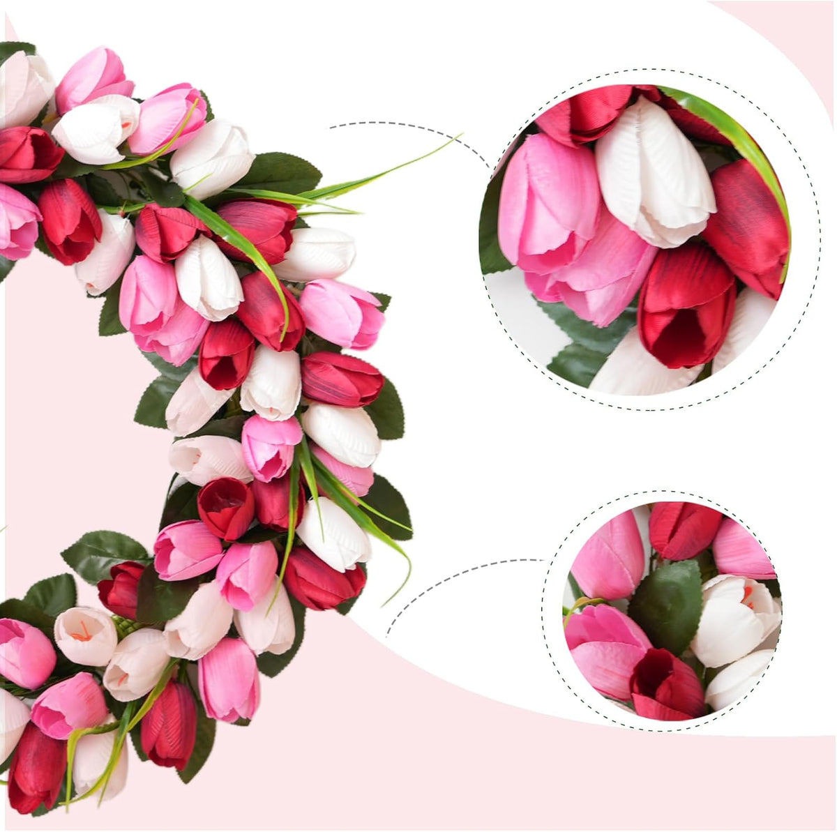 24 Inch Spring Valentine Tulip Wreath for Front Door, Pink White Tulip Floral Wreaths Door Decor for Indoor Outdoor, Valentine Wedding Decoration Wreaths