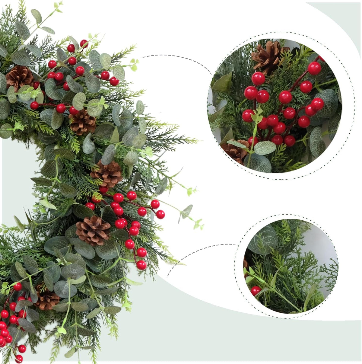 24 Inch Christmas Eucalyptus Red Berries Wreath for Front Door, Winter Green Eucalyptus Leaves Wreath with Pine Cone for Indoor Outdoor, Xmas Wreaths Home Decor