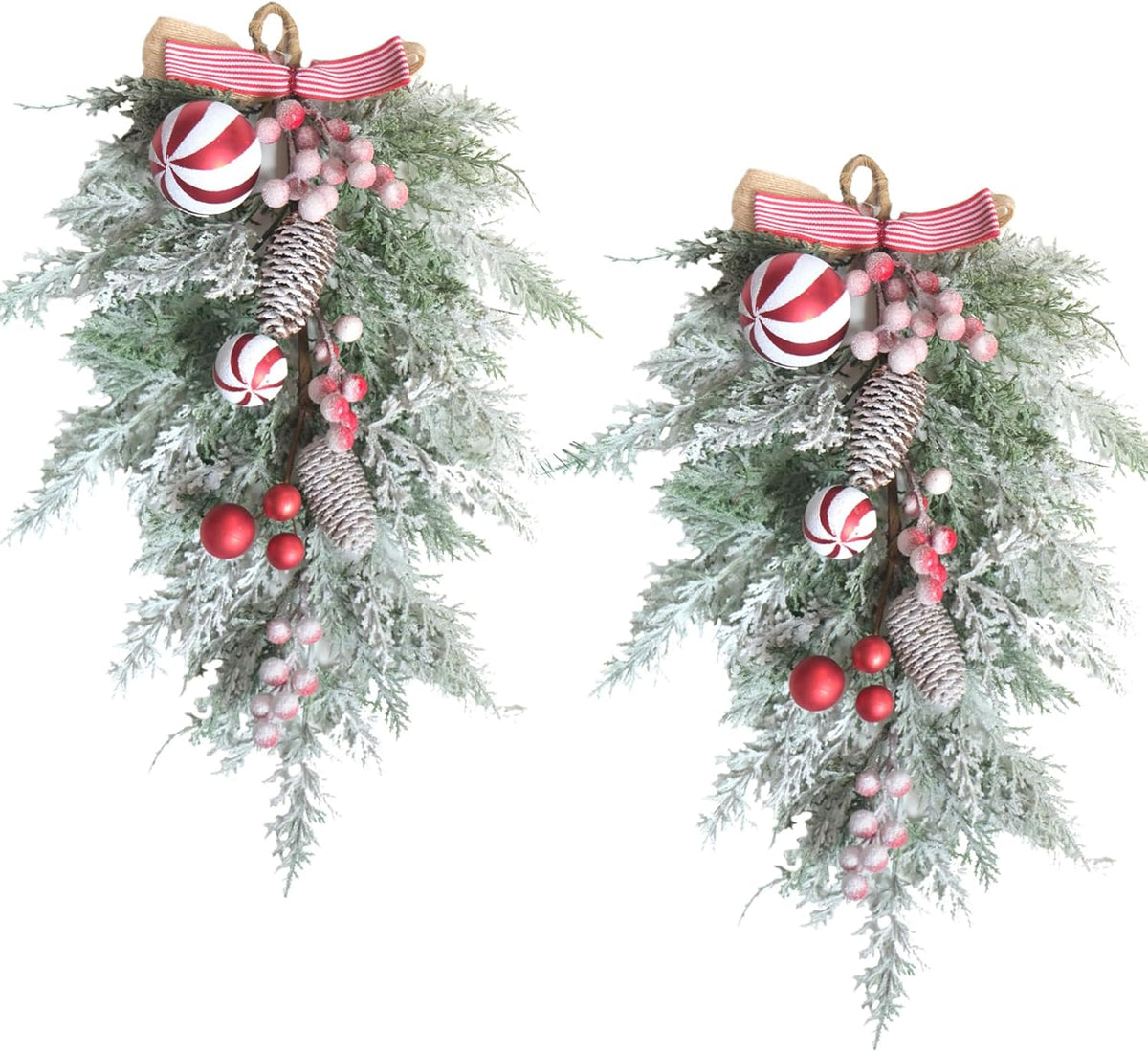 2 PCS 20β Christmas Candy Cane Frosted Pine Needle Teardrop Swag Wreath for Front Door, Xmas Swag with Red White Balls and Berries for Indoor Outdoor, Christmas Window Mailbox Decor Teardrop