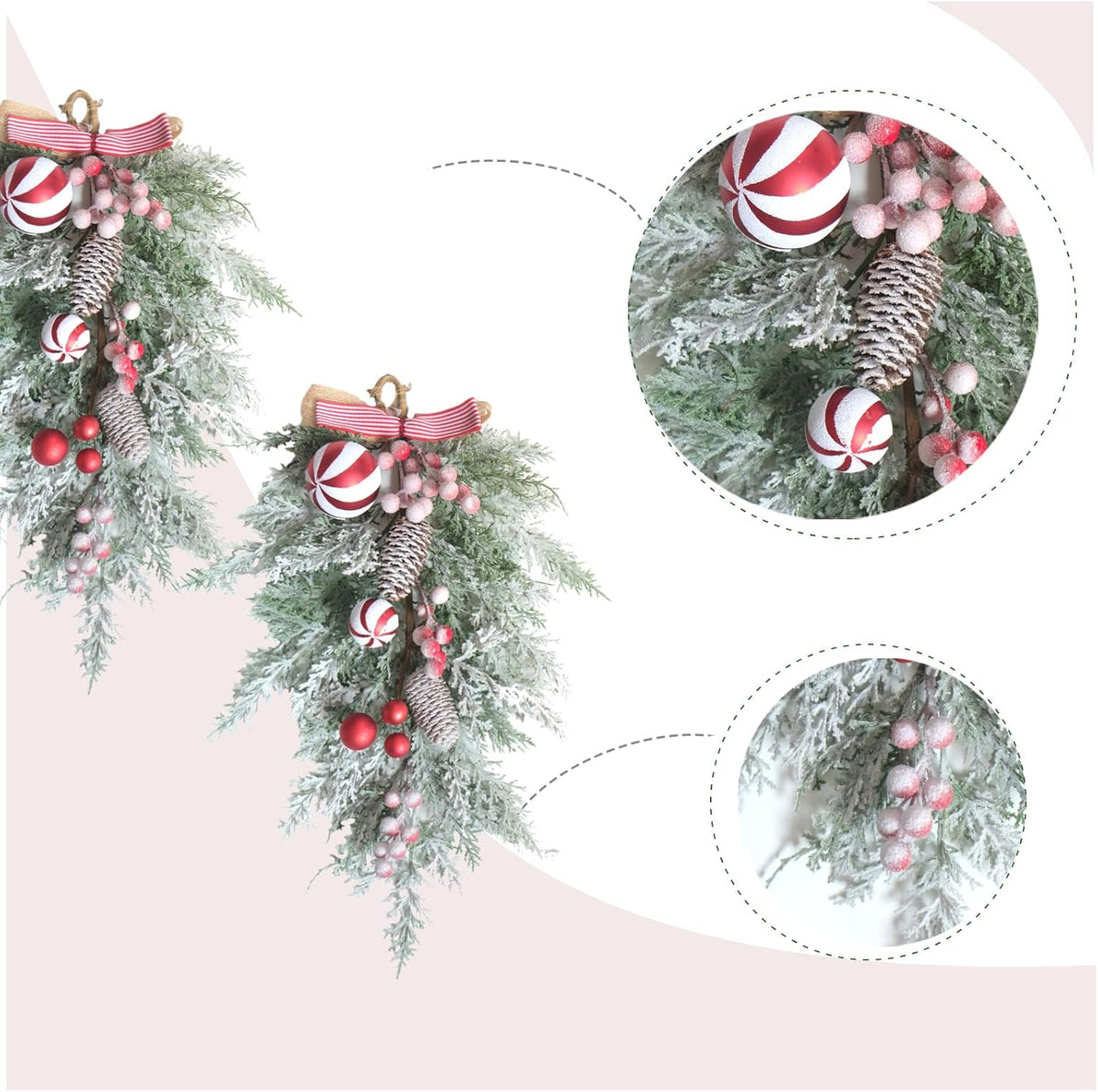 2 PCS 20β Christmas Candy Cane Frosted Pine Needle Teardrop Swag Wreath for Front Door, Xmas Swag with Red White Balls and Berries for Indoor Outdoor, Christmas Window Mailbox Decor Teardrop