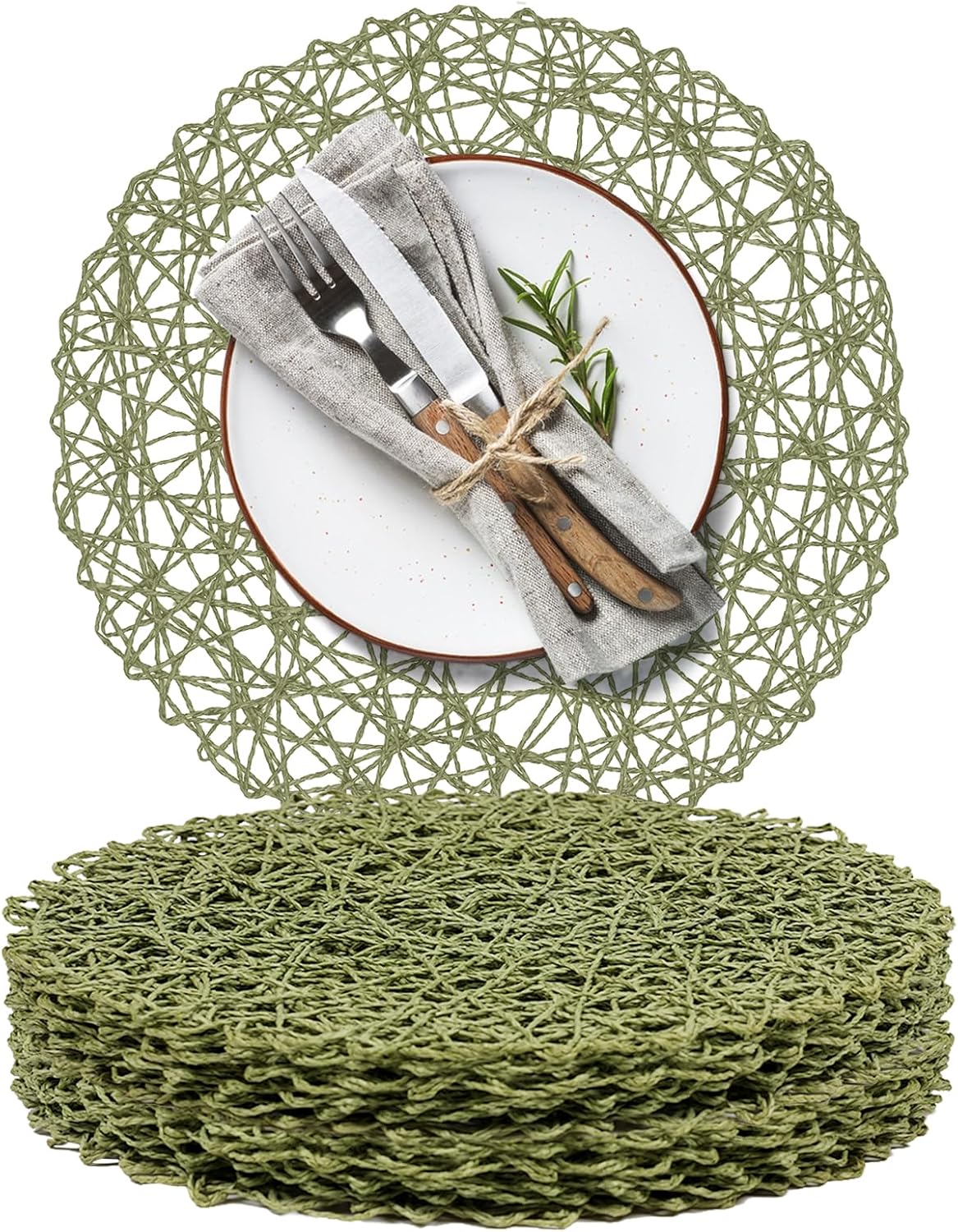 Paper Braided Round Placemats Set of 12 Natural Non-Slip Heat Resistant Table Mats for Dining Tables Woven Indoor & Outdoor Place mats(Green,12)