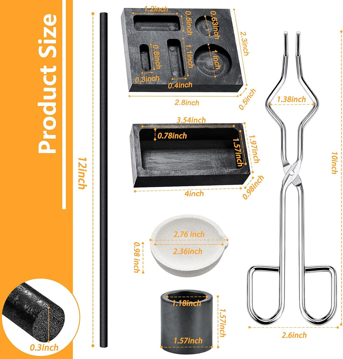 7 Pieces Graphite Torch Melting Casting Kit, Including 2 Graphite Crucible Stir Stick, Graphite Casting Mould 5-in-1 Graphite Casting Ingot Mould, Quartz Crucible, Cylindrical Graphite, Tong for Melt