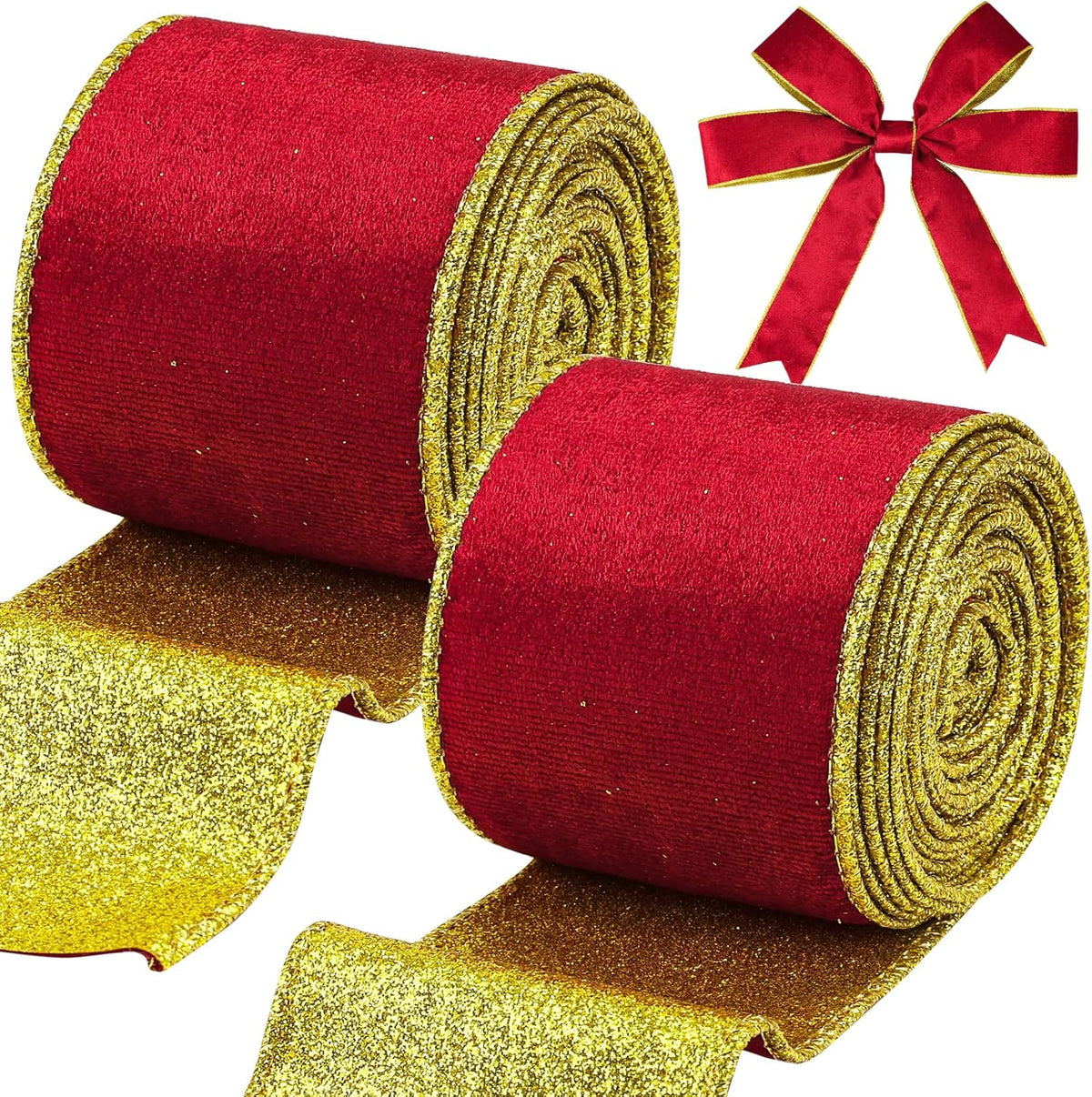 Red Velvet Wired Ribbon, Christmas Ribbon with Gold Metallic Glitter for Gift Wrapping Christmas Tree Decoration Topper Bows Making Wedding Decor Crafts Wreaths Supplies(2.5 Inch x 10 Yards)
