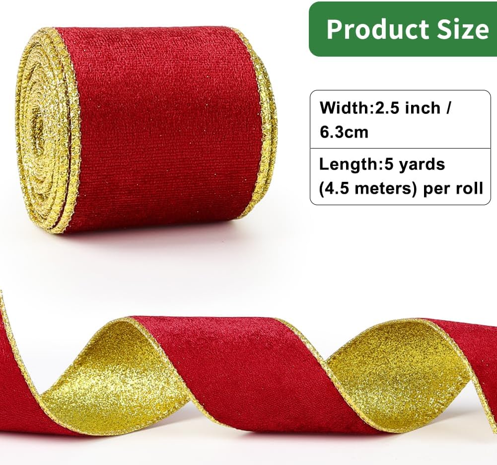 Red Velvet Wired Ribbon, Christmas Ribbon with Gold Metallic Glitter for Gift Wrapping Christmas Tree Decoration Topper Bows Making Wedding Decor Crafts Wreaths Supplies(2.5 Inch x 10 Yards)