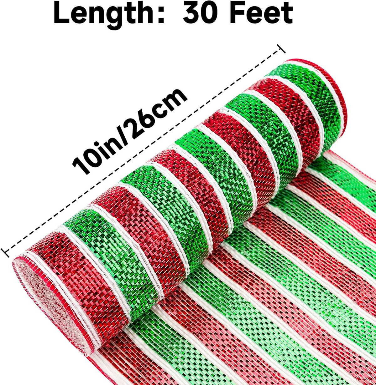 Red and Green Mesh Ribbon - 10 Inch Metallic Foil Stripe Decor for Christmas Tree, Wreaths, DIY Crafts, Valentine's Day
