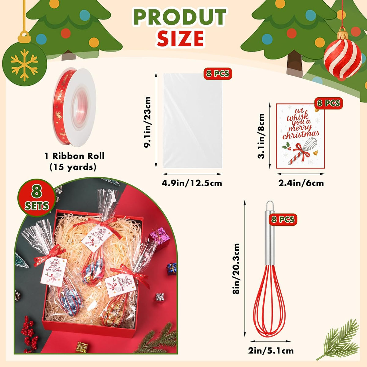 Christmas Whisk Gifts for Neighbors – 8 Sets 8“ Red Silicone Whisks with “We Whisk You a Merry Christmas” Cards, Gift Bags & Ribbons, Fun DIY Stocking Stuffers for Family, Friends, Teachers