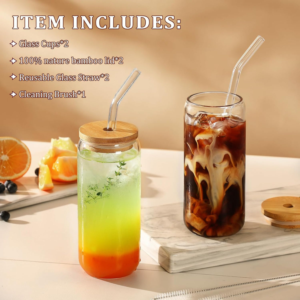 20 OZ Glass Cups with Bamboo Lids and Glass Straw - Beer Shaped Drinking Glasses Set, Iced Coffee Glasses, Cute Tumbler Cup, Aesthetic Coffee Bar Accessories, Gift - 2 Pack