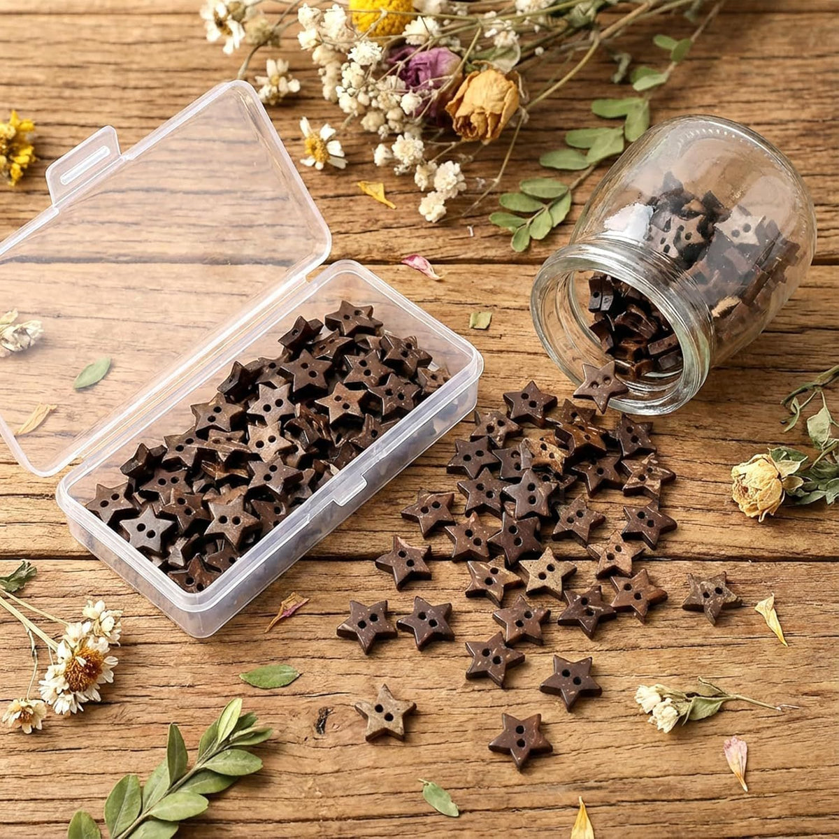 Small Wooden Star Buttons 50Pcs, 2-Hole Antique Brown Decorative Stars for DIY Crafts, Vintage Star Wood Buttons for Sewing & Scrapbooking, Rustic Holiday Decor and Gift Wrapping Wood Accessories