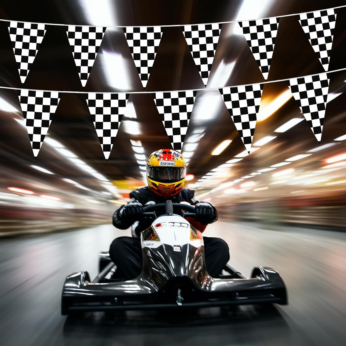 HOOSUN Checkered Flag Banner Race Cars Birthday Decorations,98 Ft 48 Pcs Checkered Flag Party Supplies,Racing Flags Decorations,Black and White Race Car Flag Pennant Banner for Nascar Cars Theme Party