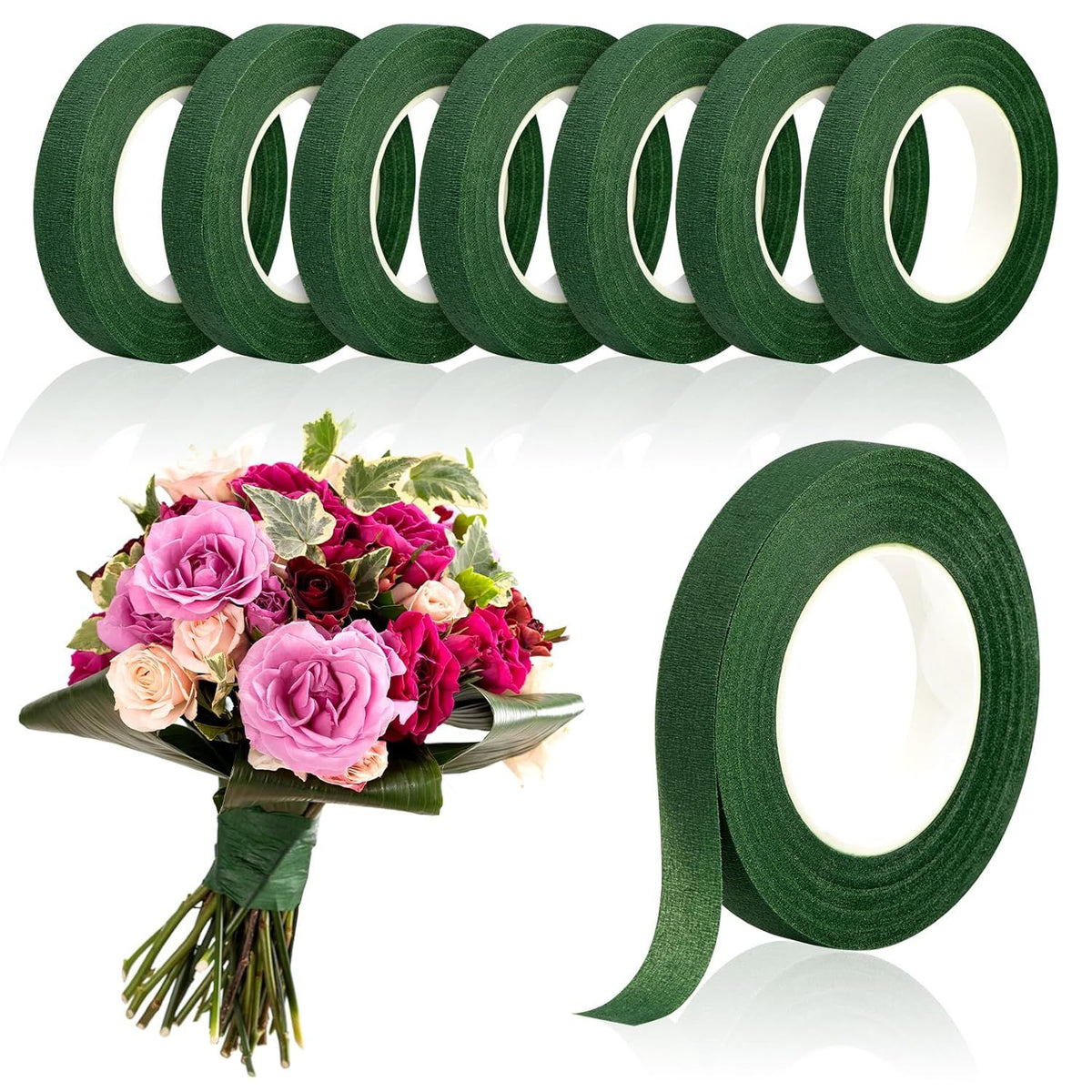 8 Rolls Floral Tape, 1/2" Wide Flower Tape, Dark Green Floral Tape for Fresh Flowers, Adhesive Florist Tape for Floral Crafts, Bouquet Floral Arranging Stem Wrapping, Wedding Bouquet, 30Yard