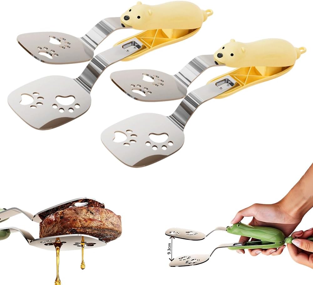2 PCS Stainless Steel Grill Clamp, Upgrade Cooking Spatula Tongs with Non-Slip Grip, Heavy Duty Food-Grade 304 Steel, Dishwasher Safe for Grilling Meat, Fish and Pancakes (Yellow)