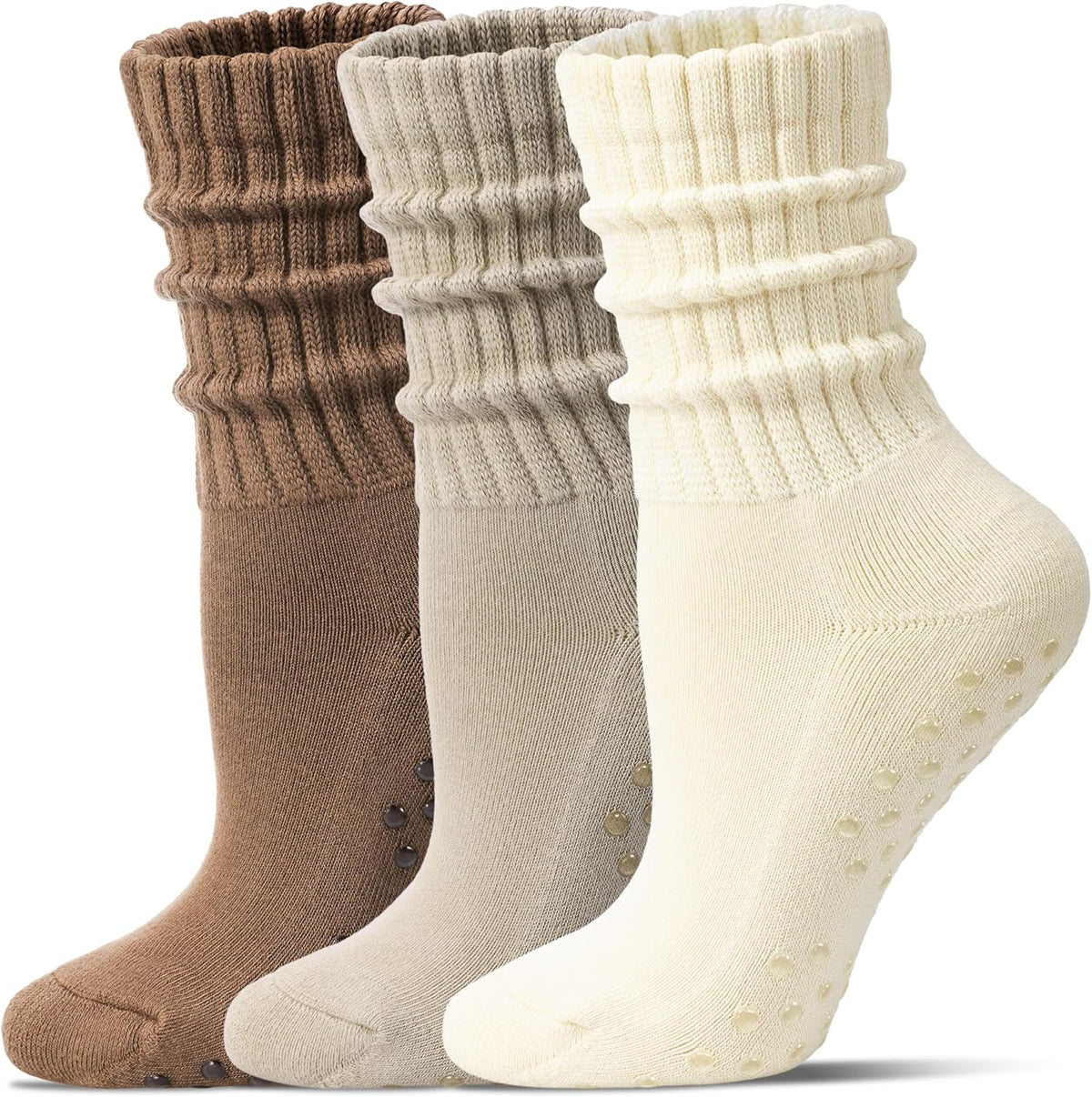 Pilates Socks for Women Mid Calf Slouch Yoga Socks with Non Slip Grippers for Barre Boot Sock 3 Pairs