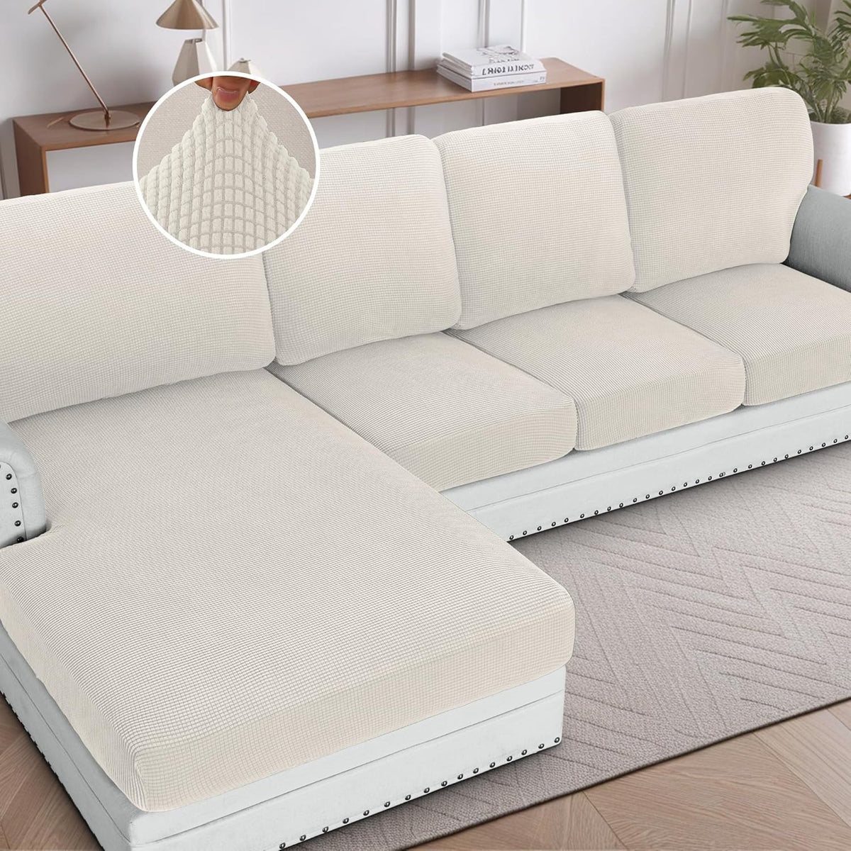 Sectional Couch Covers 8 Pieces Stretch Sofa Covers for Sectional Sofa Set Separate L Shaped Couch Cover for Both Left/Right Couch (Seat and Back: 1 Chaise + 3 Sofa, Ivory)