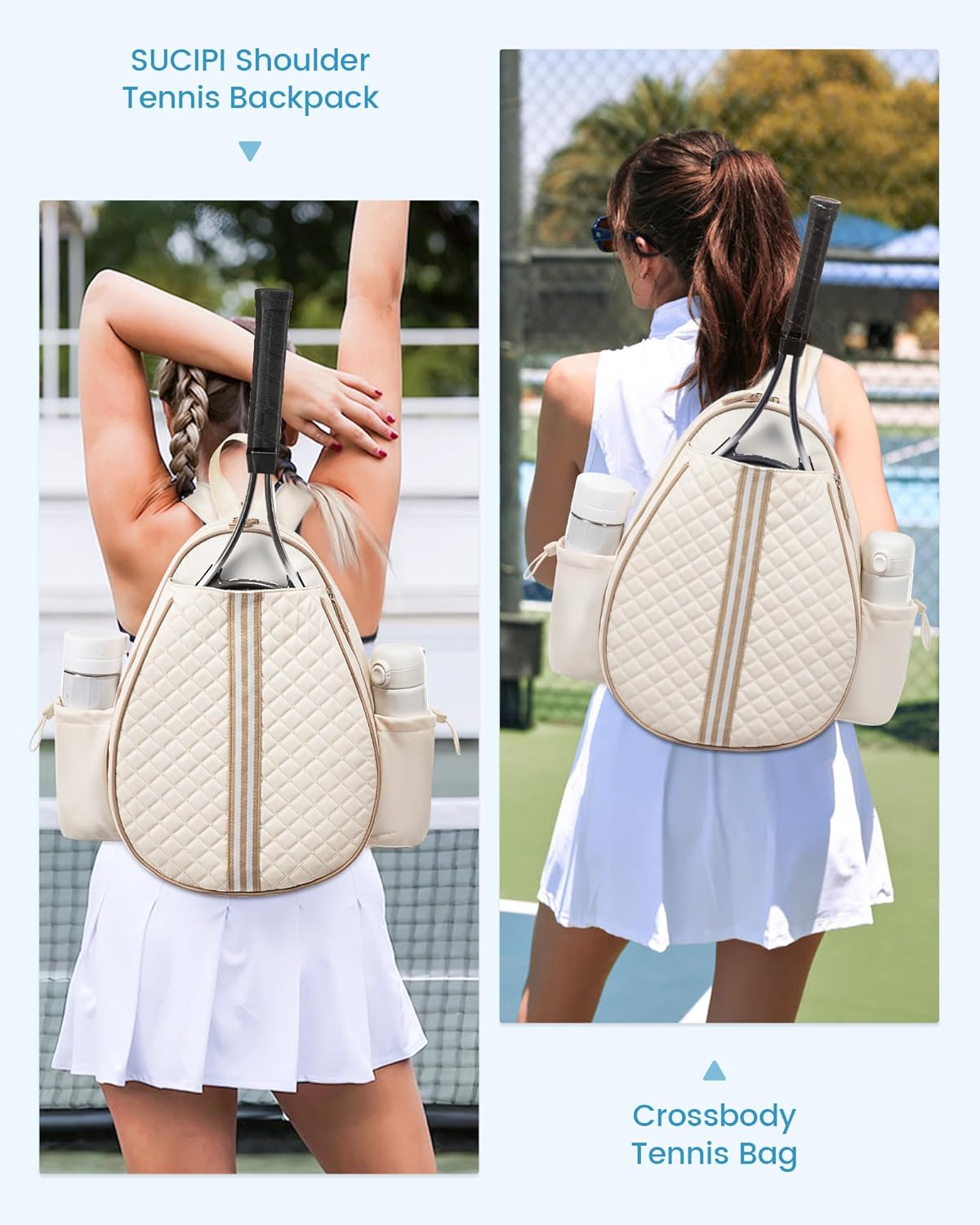 Tennis Bag, Quilted Tennis Sling Crossbody Backpack, Water Resistant Tennis Racket Bags for Women Men, Suitable for Pickleball Tennis Badminton