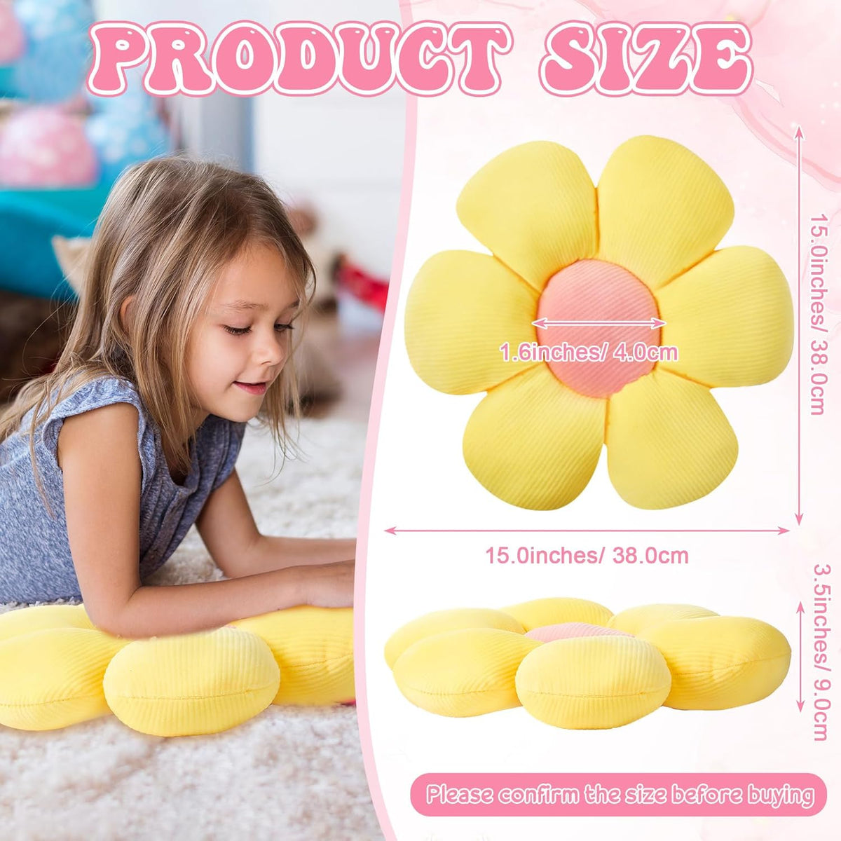 4 Pcs Flower Floor Pillows Cute Plush Flower Throw Pillows Daisy Floor Seat Cushion Chair Pads for Back to School First Day of School for Sofa Couch Bed Decor(15 Inch,Light Color)