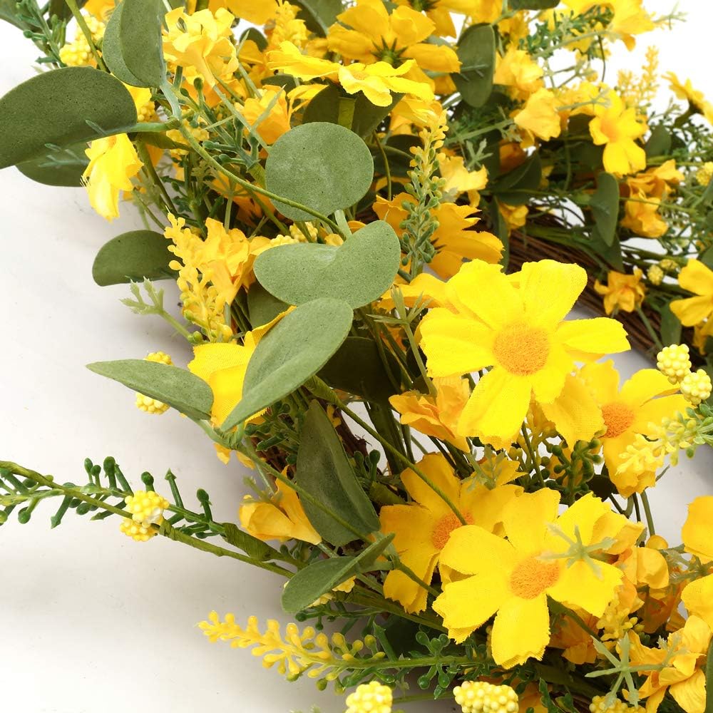 Artificial Spring Wreath 22 Inch Summer Wreaths for Front Door Yellow Daisy Wreath for Indoor Outdoor Home Decor and Easter Celebration