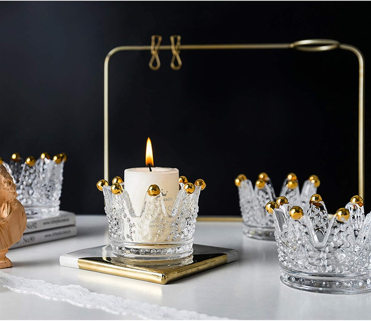 2PCS Crown Votive Candle Holder,Crown Tea Light Candlestick Ornament,Mini Crown,Tealight Holder,Jewelry Ring Holder,for Weddings Party Home Decor Set (Golden, 2PCS) Golden