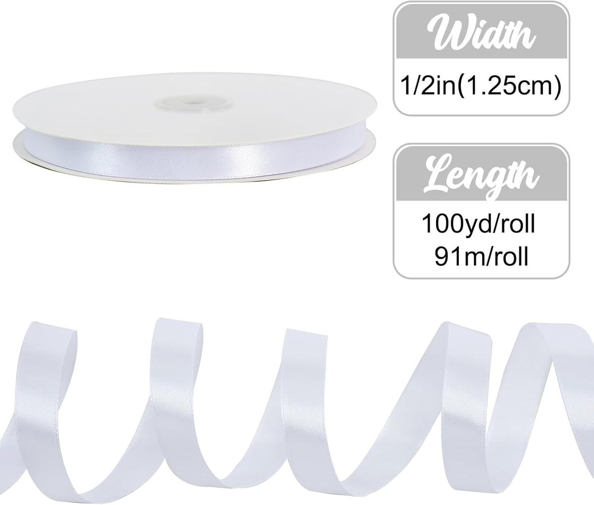 1/2 Inch x 100yds White Satin Ribbon Thin Solid Fabric Ribbons for Invitation Gift Wrapping, Bows Craft Making, Floral Bouquets, Valentine's Day Wedding Party Decoration