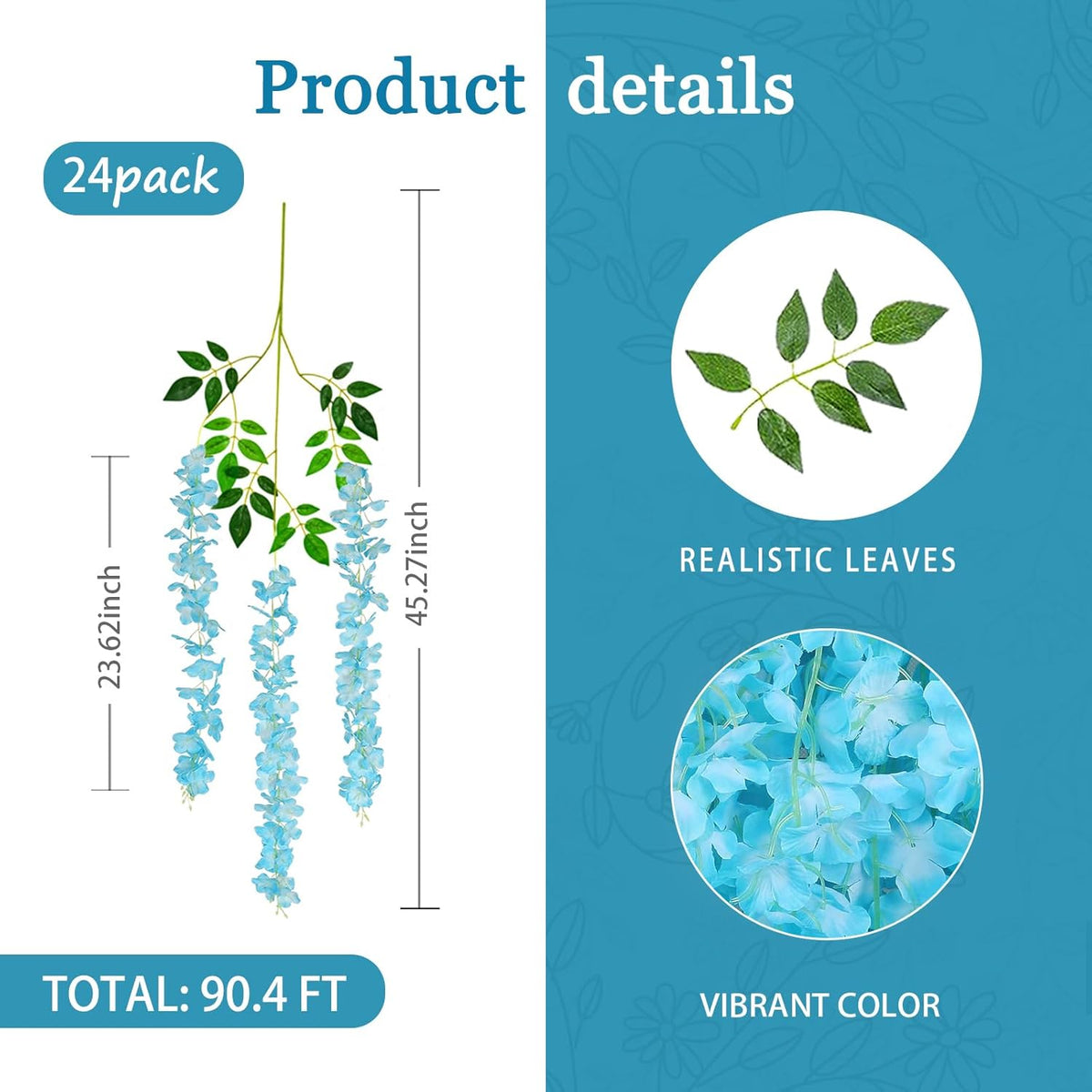 24 Pack Lake Blue Wisteria Hanging Flowers Garland, 3.77 Feet Lake Blue Artificial Wisteria Flower Vines, Fake Lake Blue Wisteria, Lake Blue Flower Vines for Backdrop, Hanging Flower Garland Decor