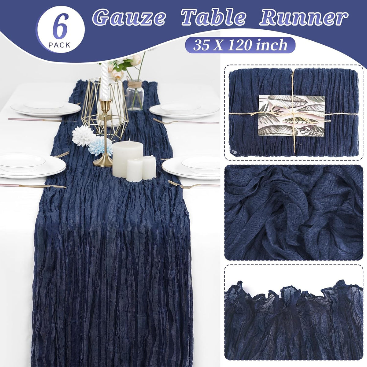 6 Pcs Navy Blue Cheesecloth Table Runner 10FT, Gauze Table Runner for Wedding Reception Sheer Bridal Shower Birthday Party Boho Table Decoration, Rustic Romantic Wedding Runner