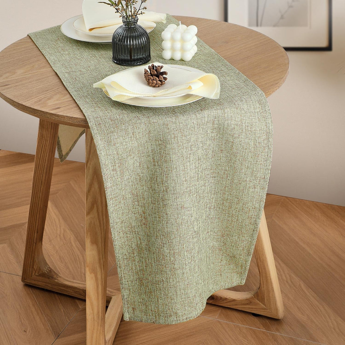 Rustic Table Runner Boho Style, Handmade Sage Green Table Runner 36 Inches Long for Home Dining,Coffee Table,Kitchen,13x36