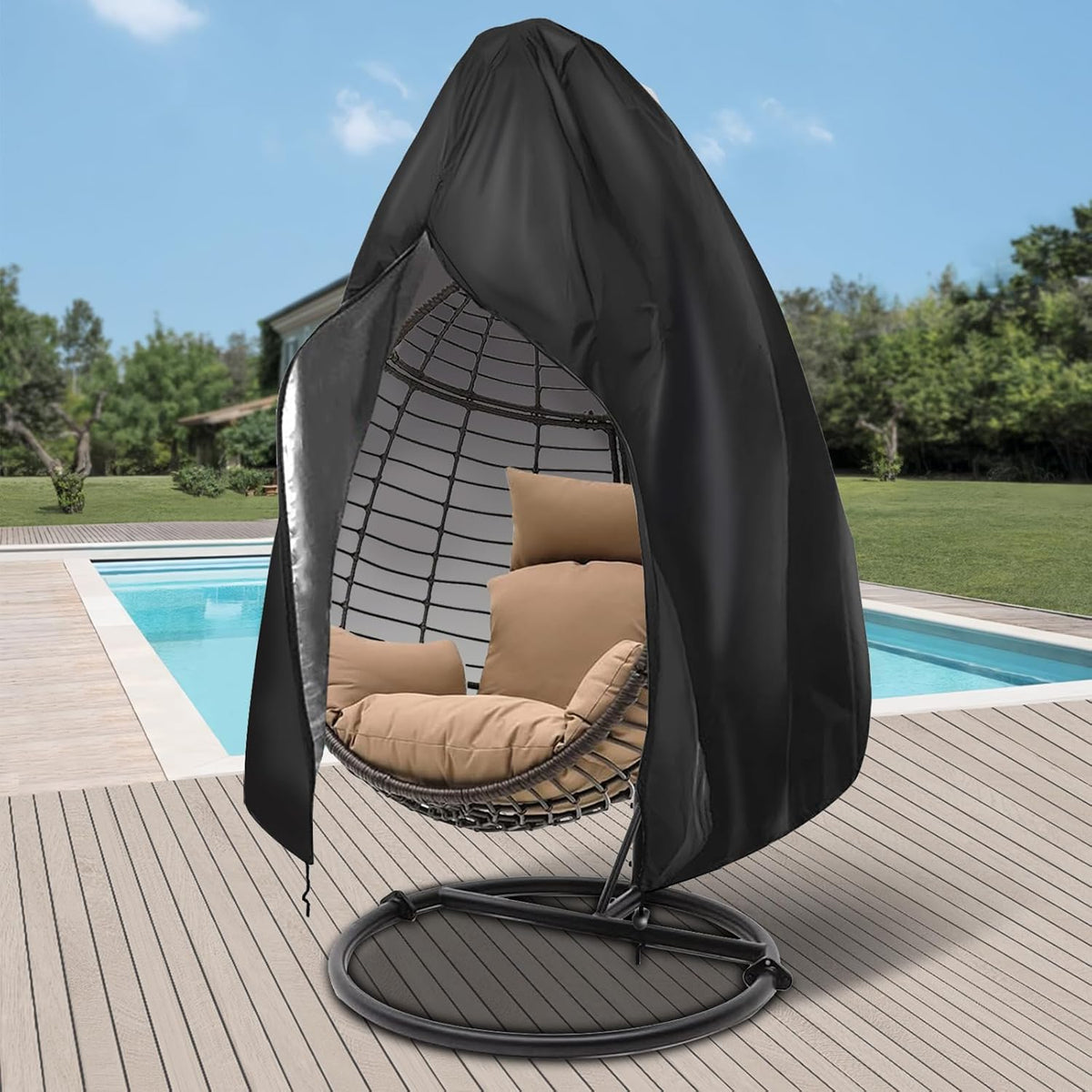 【2025 Upgrade】420D Patio Egg Chair Cover with Zipper,Outdoor Hanging Egg Chair Cover,UV Resistant,Windproof Heavy Duty,Wicker Egg Swing Chair Covers,Fits Single Seat Egg Chair,75" x 45",Black