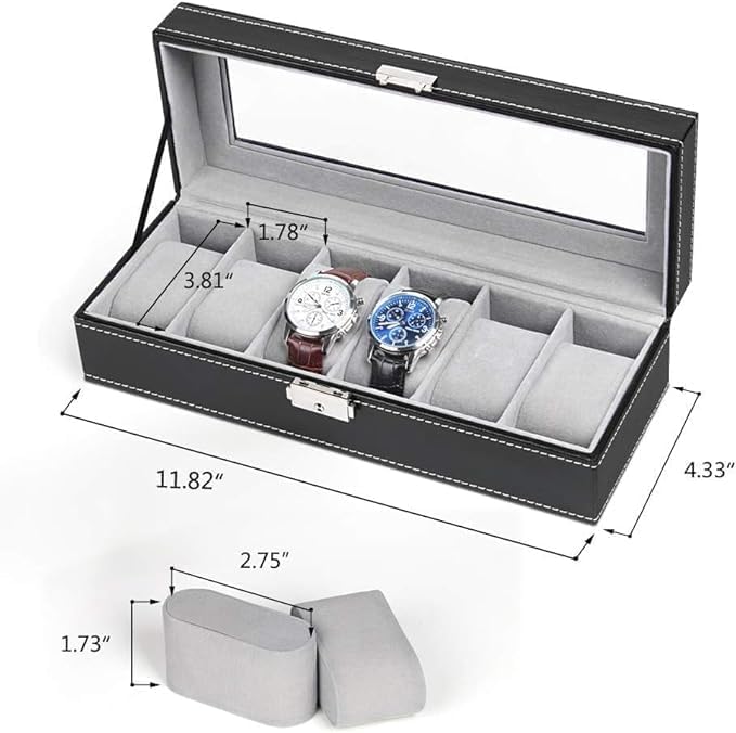 6-slot Leather Watch Box, Watch Box Organizer Glass jewelry Storage Black