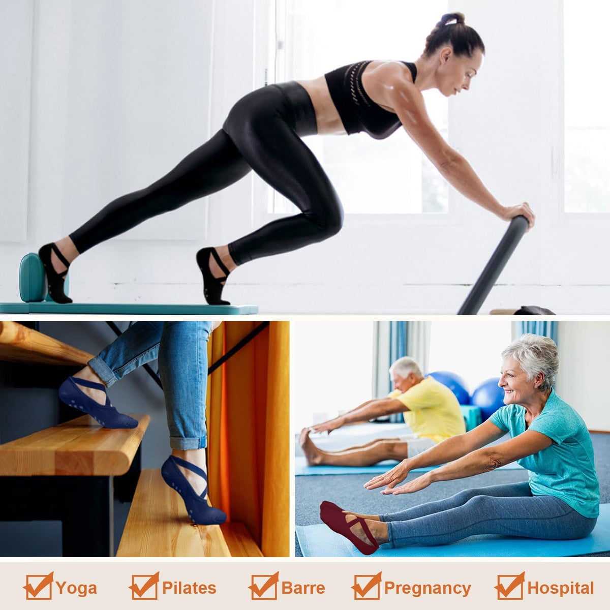 Non Slip Pilates Socks with Grips for Women, Grip Socks for Yoga Ballet Dance Barefoot Workout Anti Skid Crew Socks