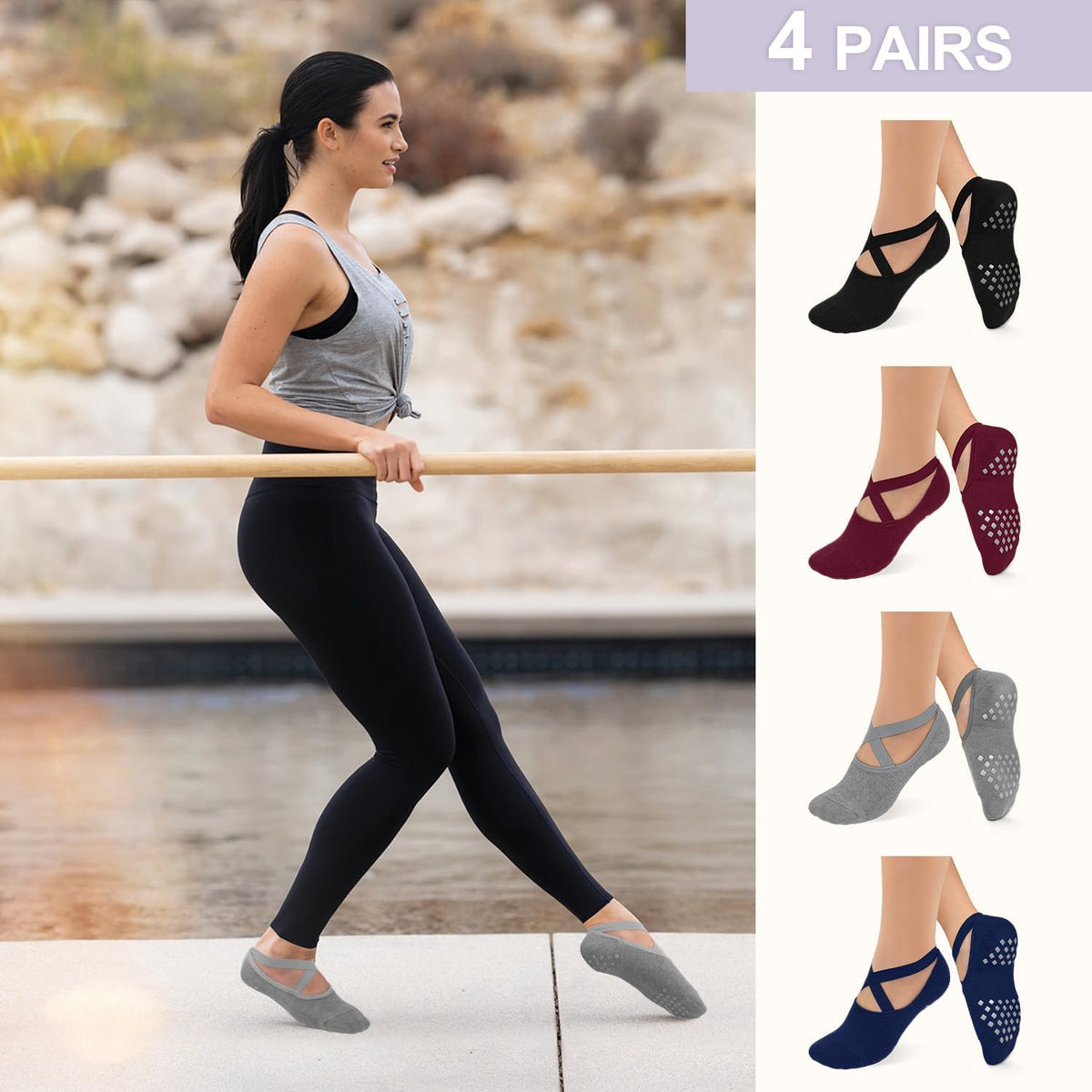 Non Slip Pilates Socks with Grips for Women, Grip Socks for Yoga Ballet Dance Barefoot Workout Anti Skid Crew Socks