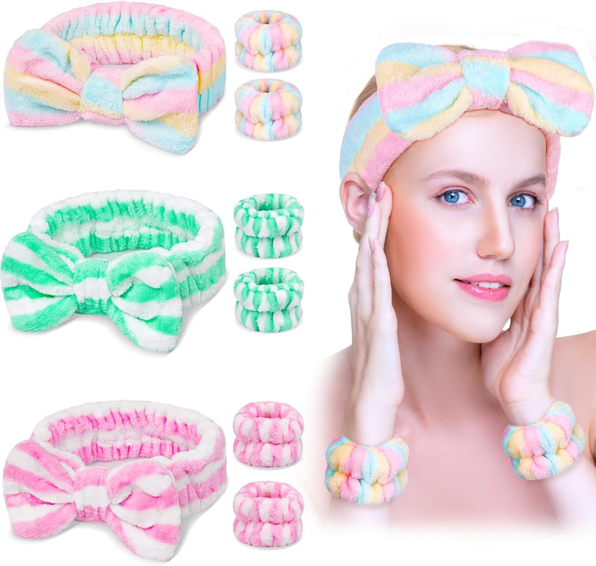 9PCS Spa Headband Kit for Women & Girls: Bowknot Makeup Headbands with Wristbands for Face Skincare, Bathing, Yoga (Pink, Blue, White)