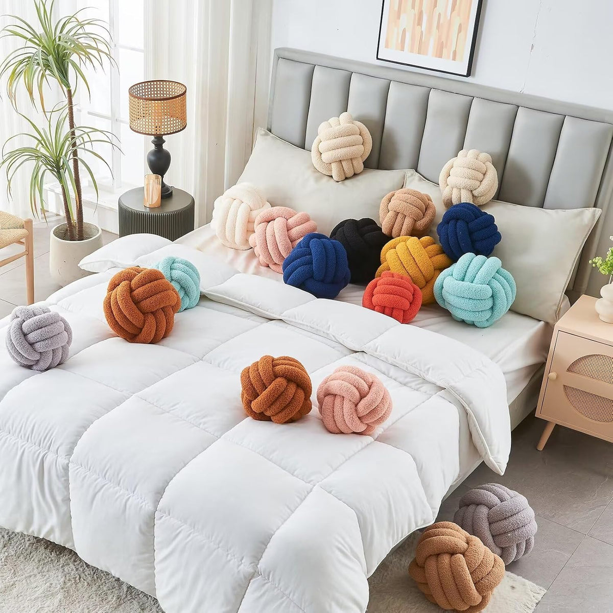 Decorative Throw Knot Pillow Ball for Home Chair Sofa Couch Bed Aesthetic Round Decor Pillows Lambswool Knotted Pillow Cushion (Ivory White, 11 inches)
