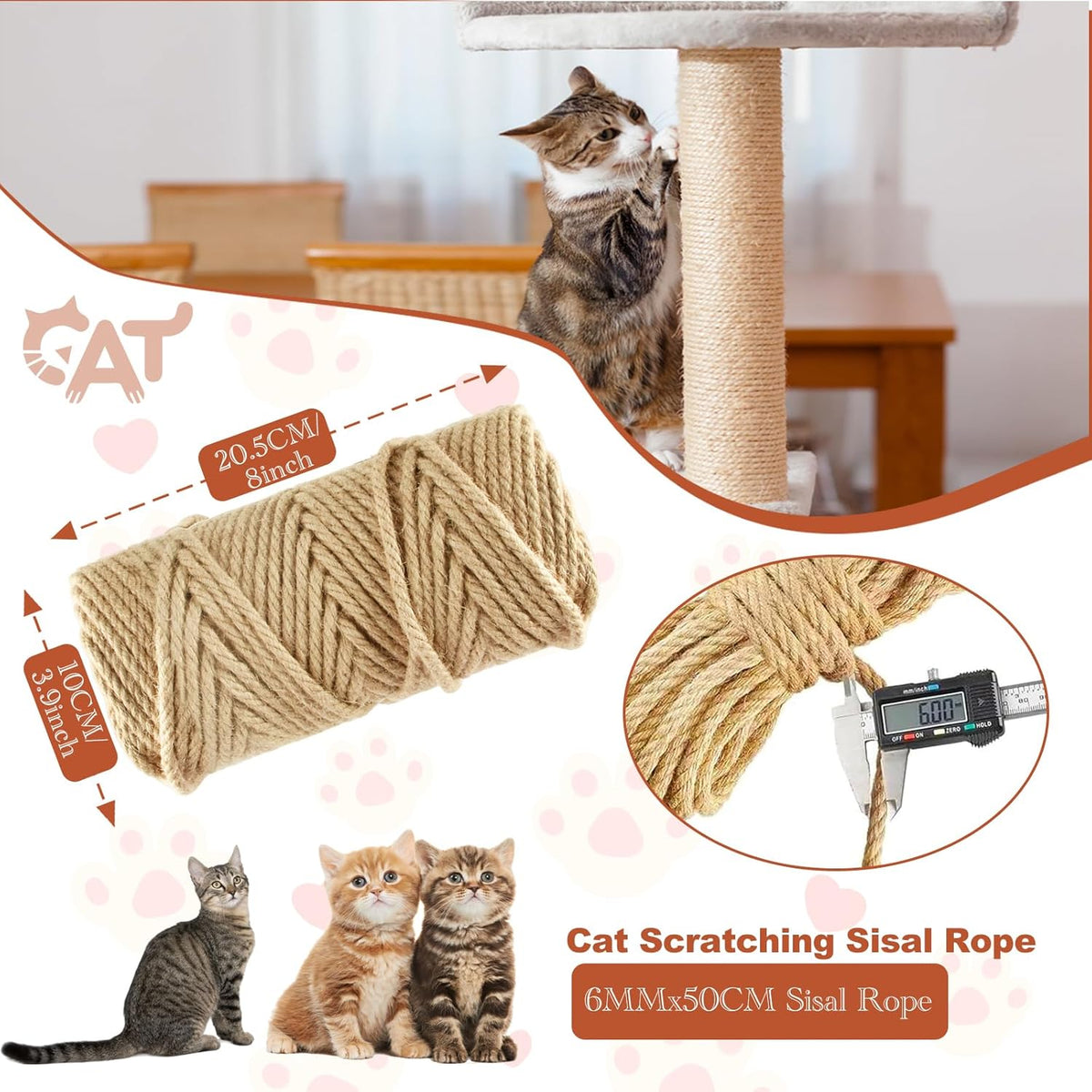 50M Sisal Rope for Cat Scratchers, Cat Scratching Sisal Rope 6mm Natural Jute Hemp Rope, Ideal for Replace Scratching Post, Repair Cat Tree, DIY Projects