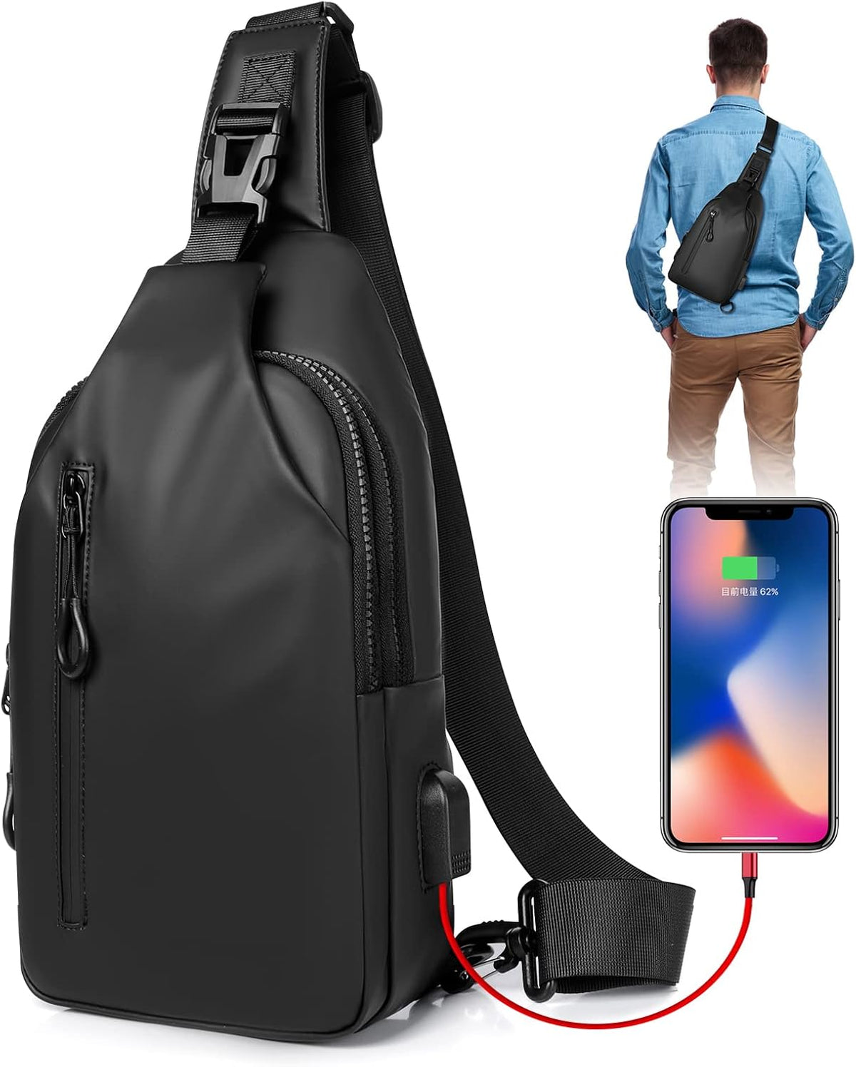 Small Crossbody Sling Backpack Casual Chest Daypack with USB Charger Port Waterproof Outdoor Chest Sling Bag Shoulder Chest Bag Daypack for Women & Men Perfect for Traveling Hiking Cycling
