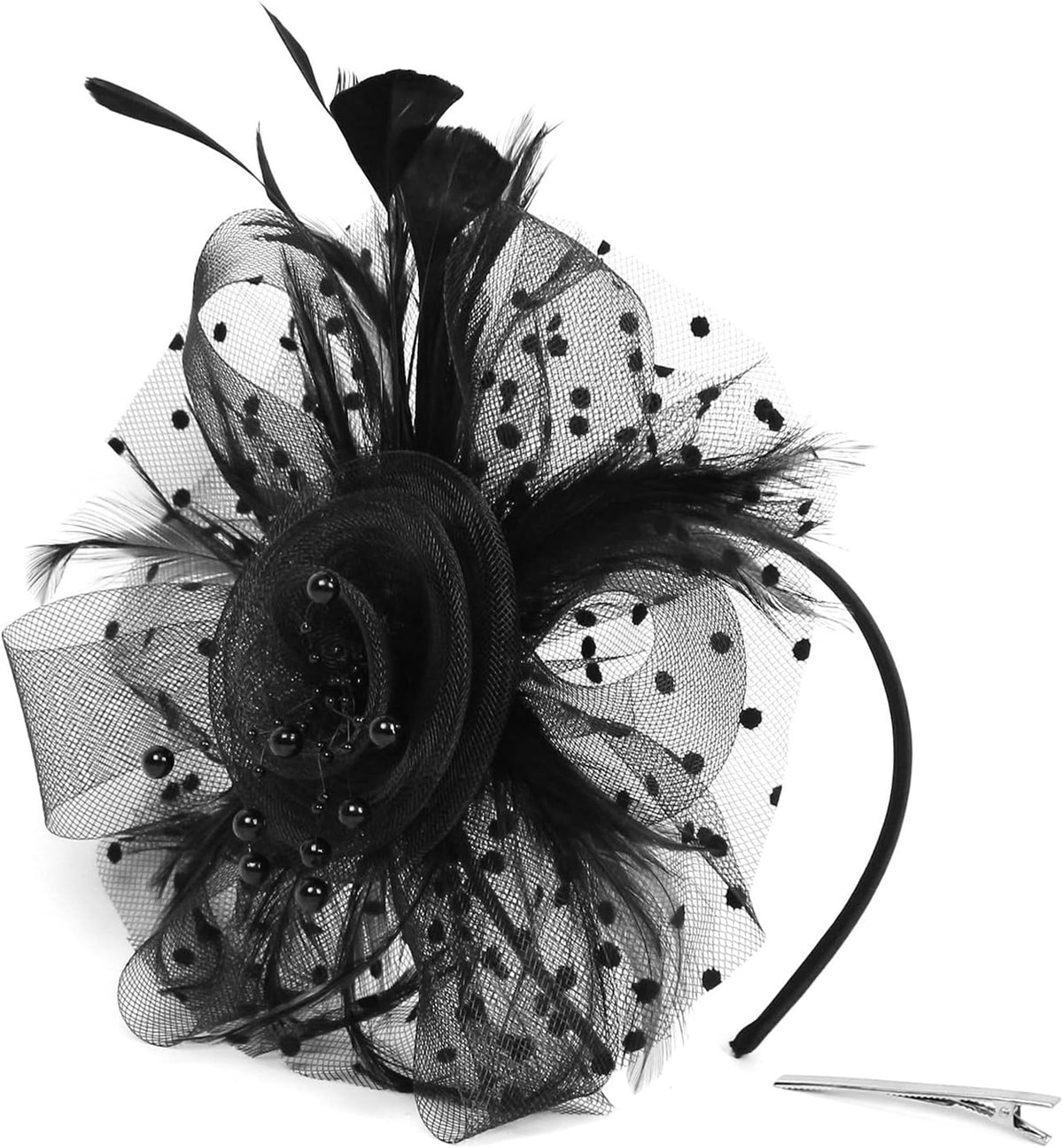 Fascinators For Women,Mesh Feather Fascinator Hats,Headband Hair Clip Net Veil Headwear, Party Evening Dress Female Veil Gauze Hair Accessories(Black)