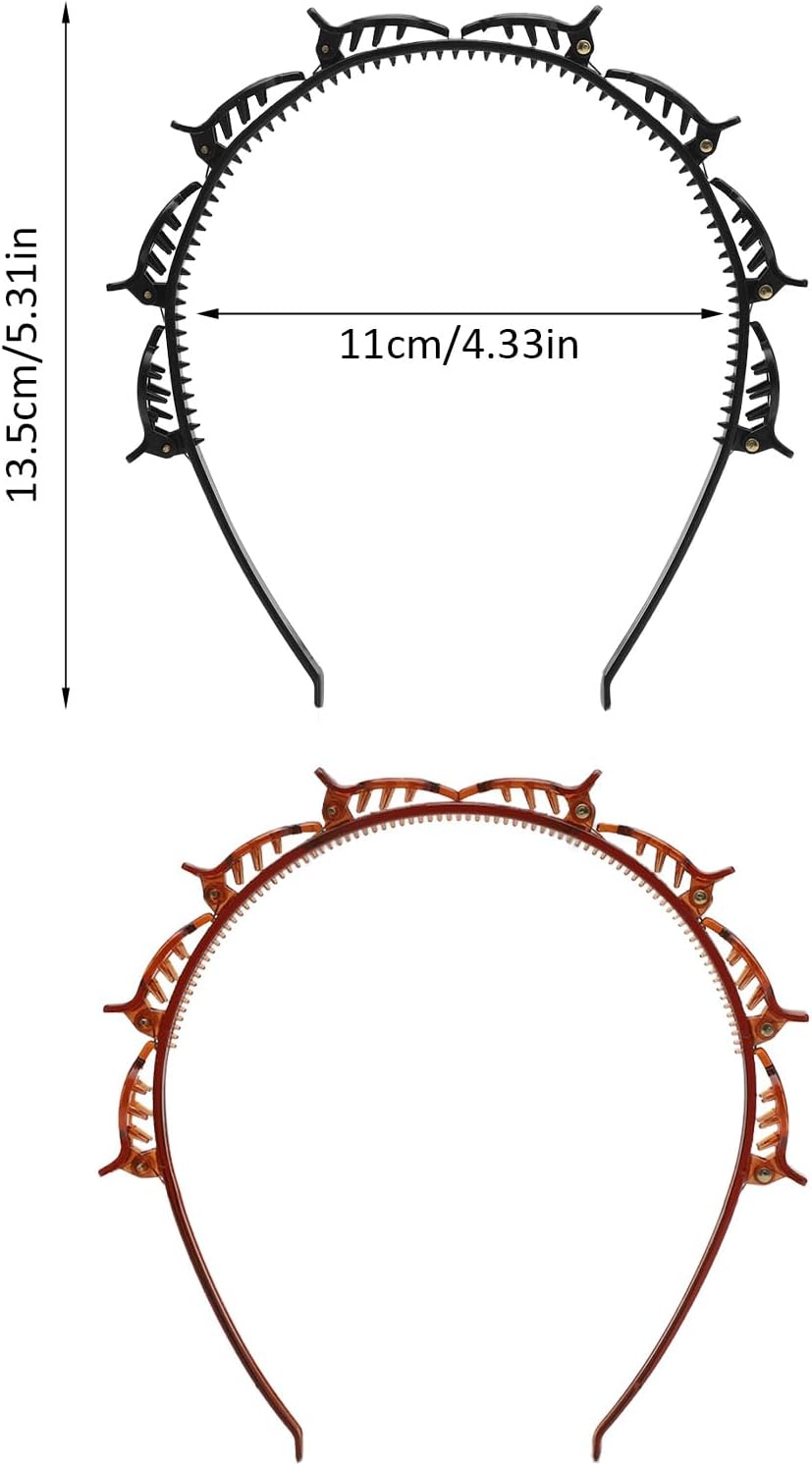 Double Bangs Hairstyle Hairpin,2 Pack Hairpin Headband Twist Clip Headband with Toothed Headband Braid Tool Hair Band With Clips for Girls Women Fashion Hair Accessories(Black and Brown)