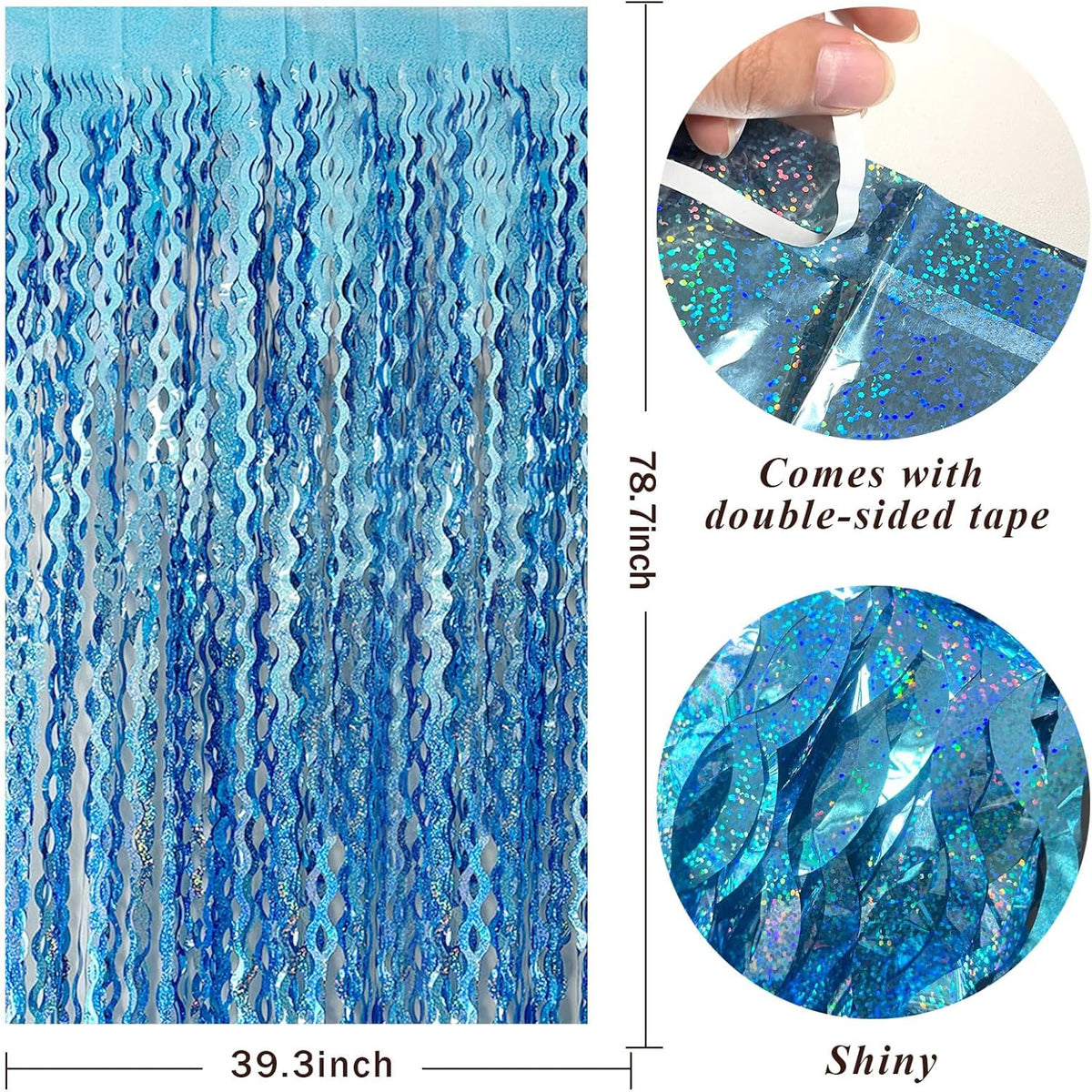 Tinsel Foil Fringe Curtains Wavy Backdrop for Parties Sparkle Metallic Curtain Party Decorations Photo Booth Props Birthday Graduation Wedding Light Blue 2 Pack