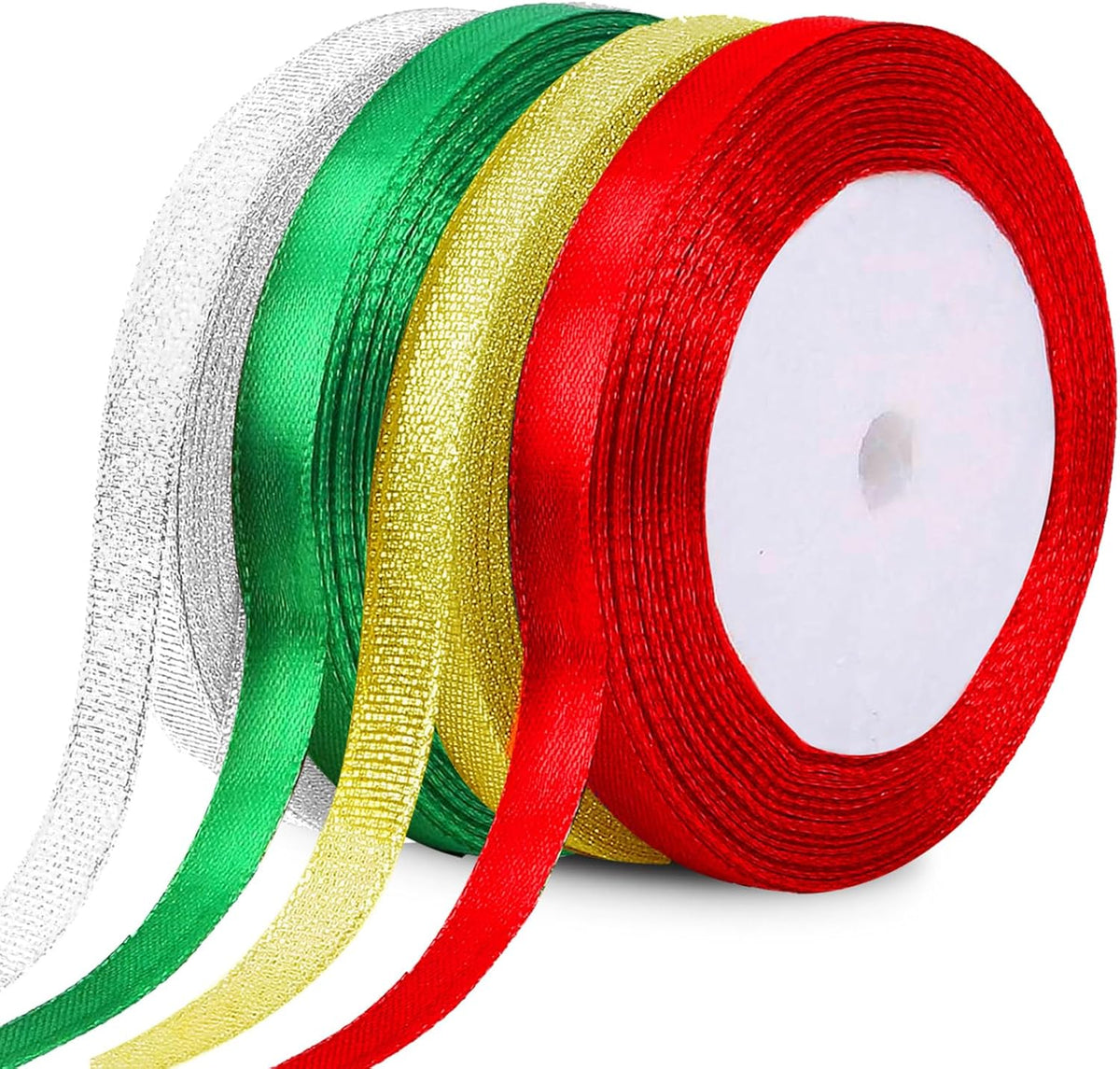 4Color Curling Ribbons for Crafts Satin Glitter Ribbon Gift Wrapping Supplies Christmas Wedding Party Decoration Sewing Hair Bows Gold, Red, Green, Silver -