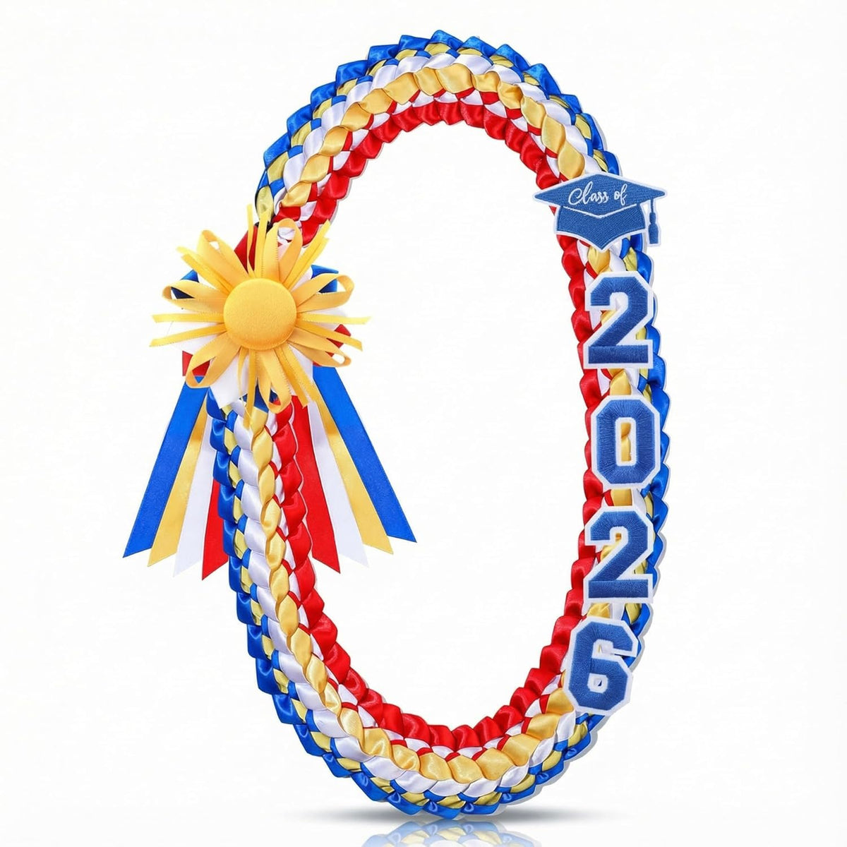 50" Graduation Leis Class of 2026 Ribbon Lei Double Braided Handmade Congrats Graduates Money with Satin Flower for Mexican Puerto Rico El Salvador Philippines Grad Gifts Red, Blue, Gold
