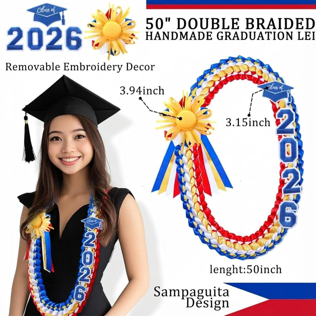 50" Graduation Leis Class of 2026 Ribbon Lei Double Braided Handmade Congrats Graduates Money with Satin Flower for Mexican Puerto Rico El Salvador Philippines Grad Gifts Red, Blue, Gold