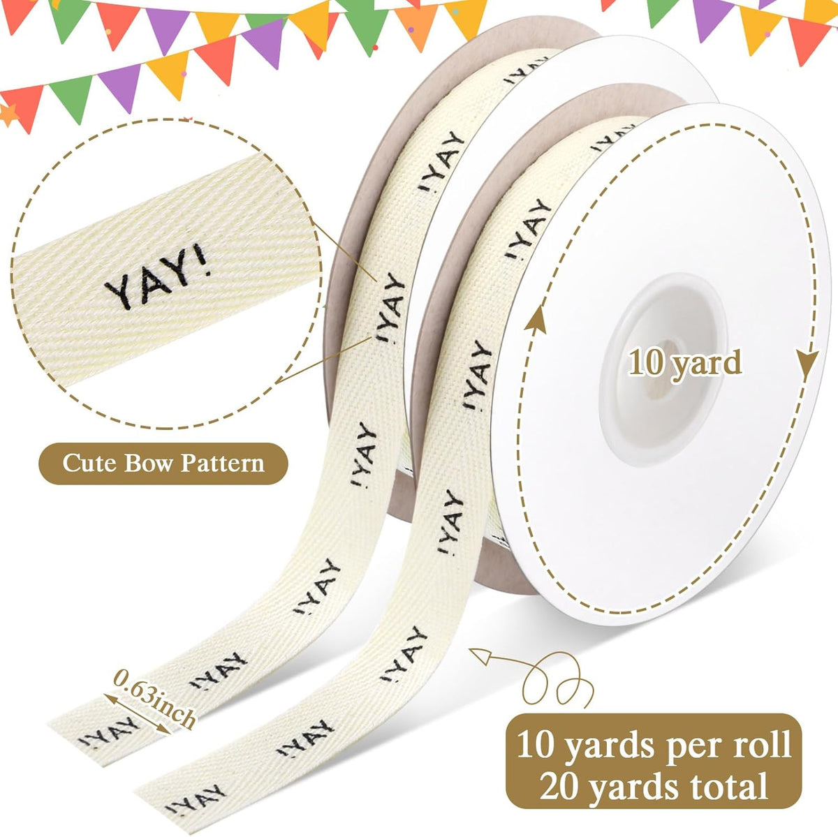 20 Yards Yay Cotton Ribbon, Natural 5/8 Inch 100% Herringbone Twill Ribbon for Crafts Gift Wrapping Birthday Decorations, 2 Rolls -