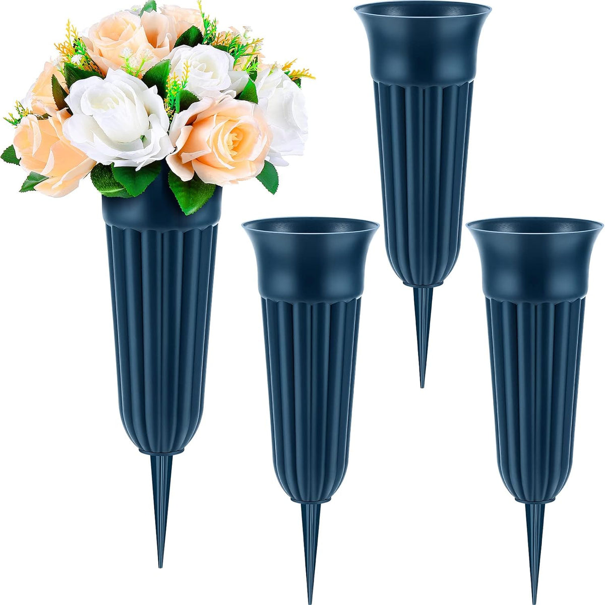 4 Pack Cemetery Vases with Spikes Headstone Vase for Graves Memorial Grave Site Decorations Floral Markers Flower Holder Plastic Hollow Drainage Hole (Classic Style) -