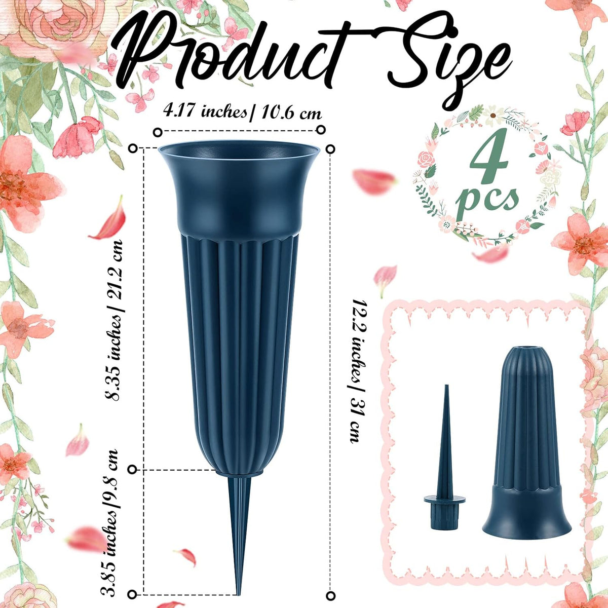4 Pack Cemetery Vases with Spikes Headstone Vase for Graves Memorial Grave Site Decorations Floral Markers Flower Holder Plastic Hollow Drainage Hole (Classic Style) -