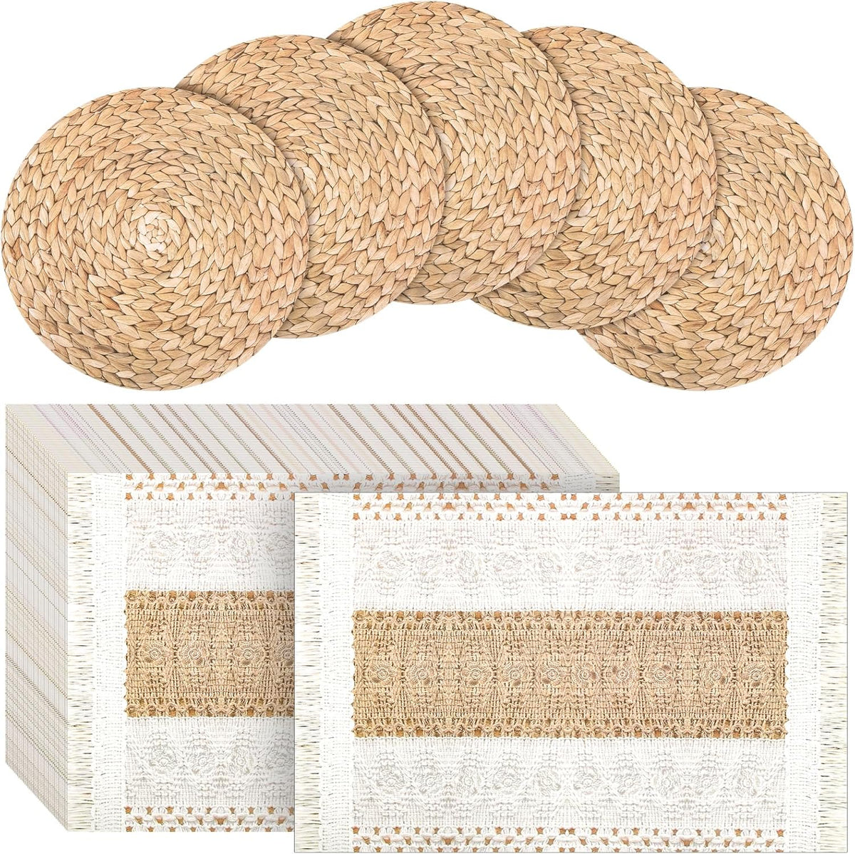 100 Pcs Boho Disposable Paper Placemats Set Round Braided Rattan Woven Place and Rectangle Burlap Printed Farmhouse Table Mats for Kitchen -