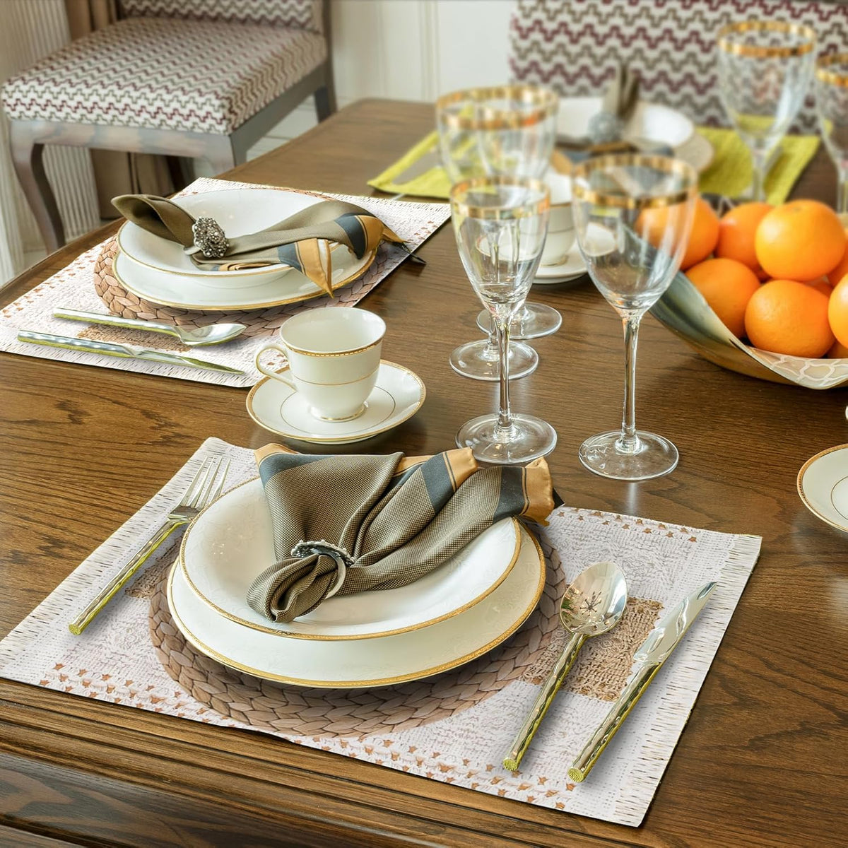 100 Pcs Boho Disposable Paper Placemats Set Round Braided Rattan Woven Place and Rectangle Burlap Printed Farmhouse Table Mats for Kitchen -
